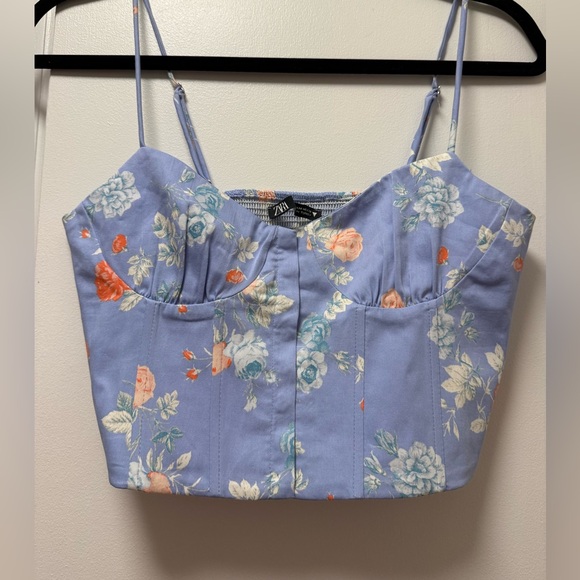 ZARA Periwinkle Floral Corset Bustier Crop Top Coquette | M - Picture 2 of 5